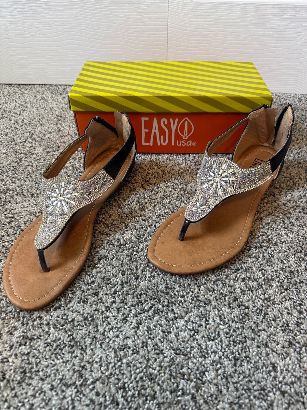 Easy USA Black Jeweled T-Strap Sandals